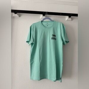 Surfing t-shirt, mint green with surf design on back, brand logo on pocket area
